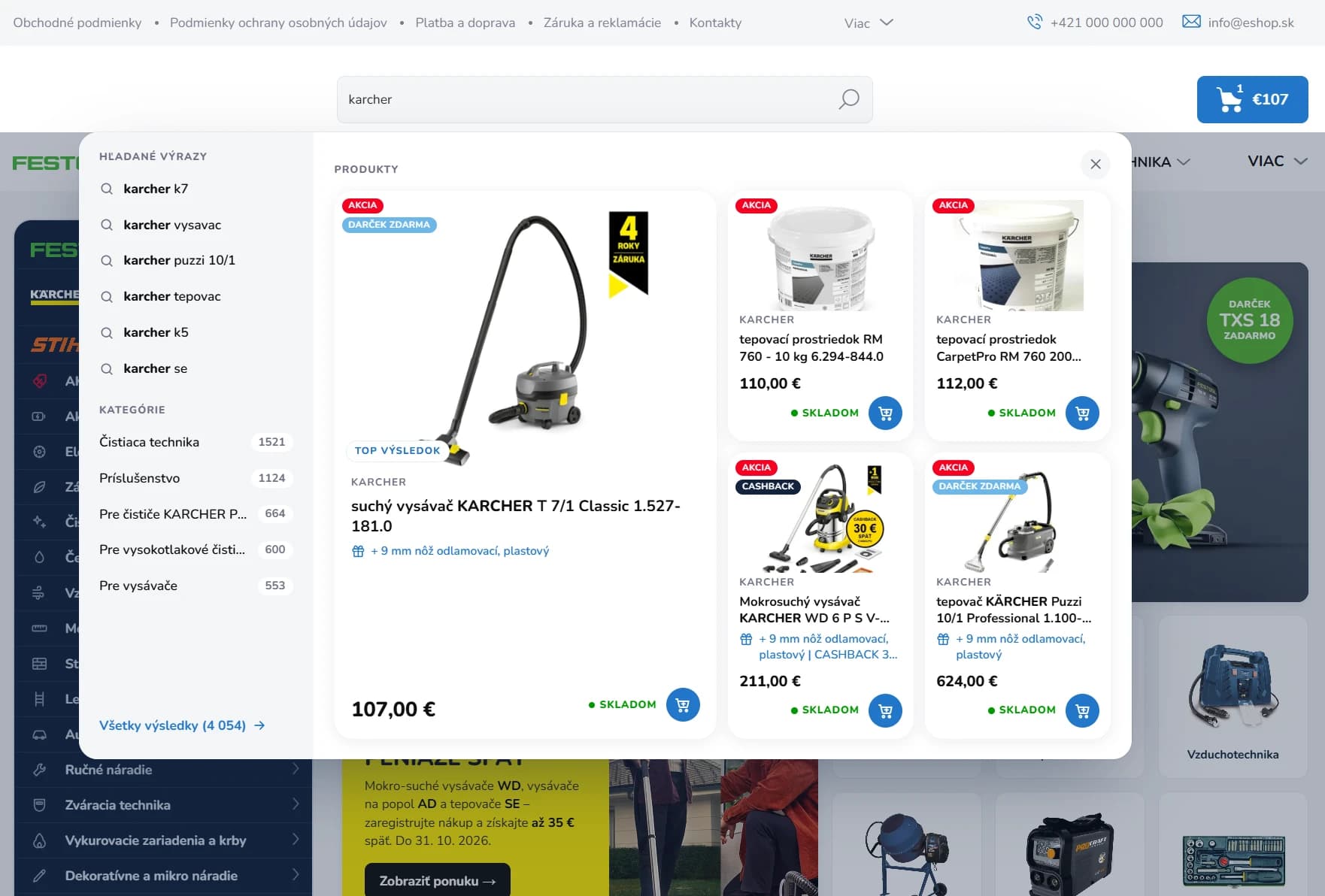 AI vyhledávání na e-shopu akciovenaradie.sk – výsledky pro dotaz „karcher“